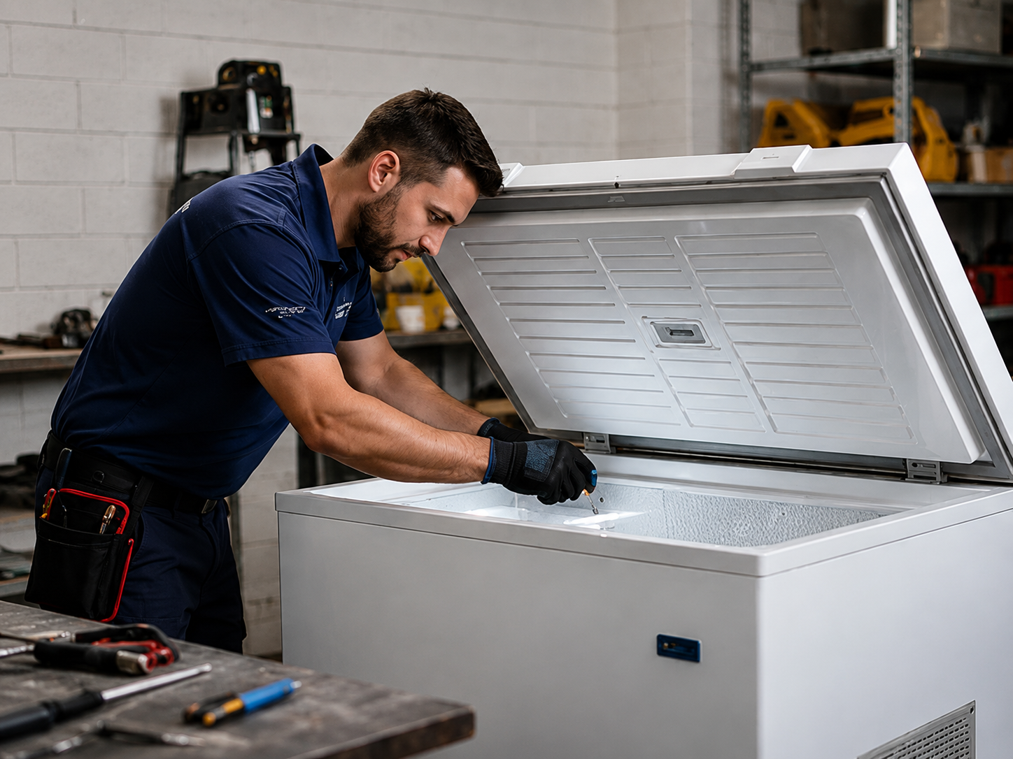 Técnico realizando manutenção em freezer horizontal
