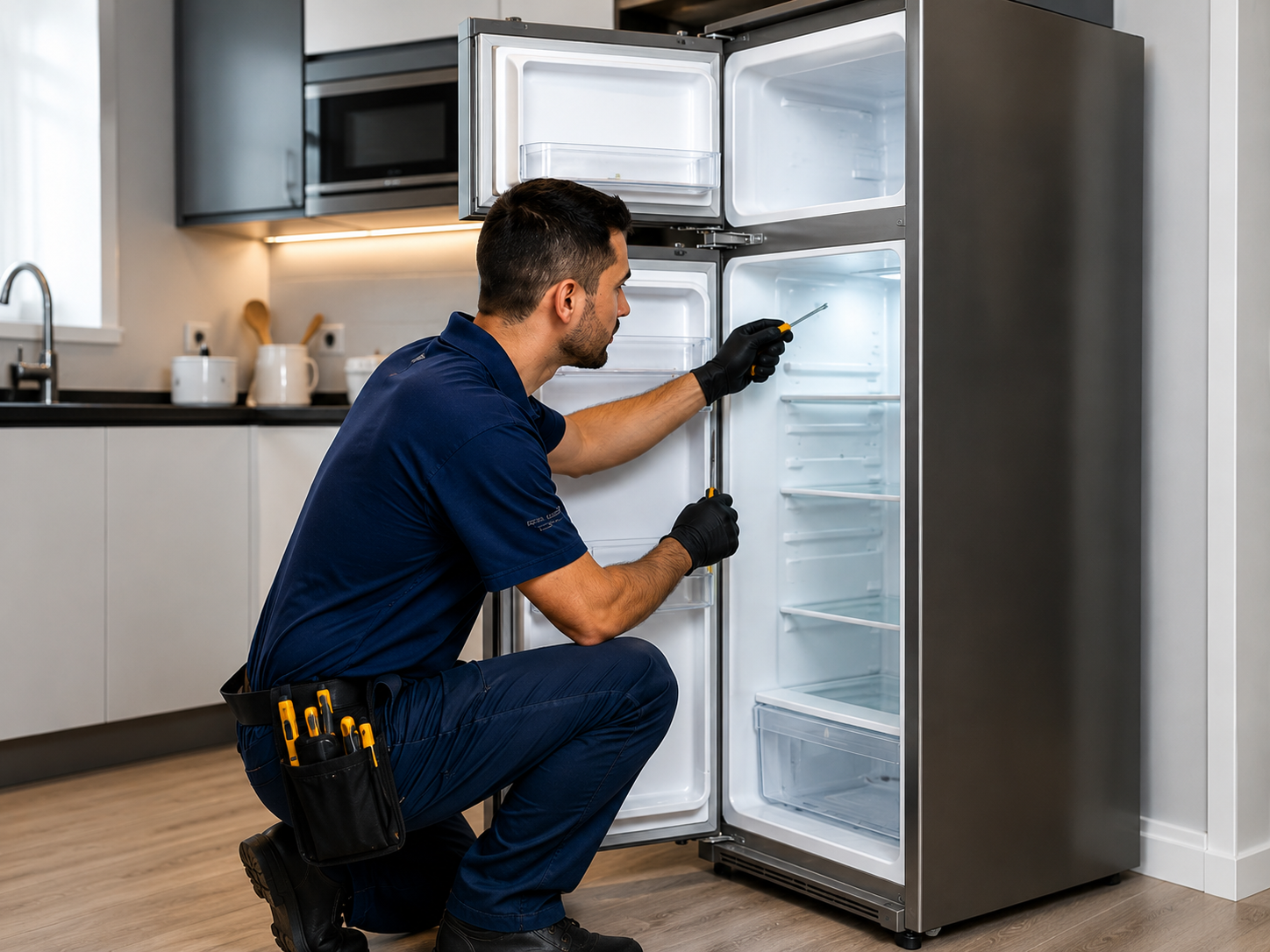 Técnico consertando geladeira frost free em cozinha residencial