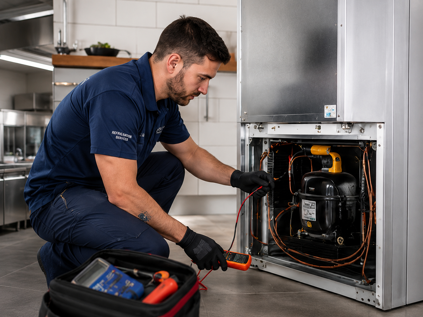Técnico especializado da Império Refrigeração consertando geladeira